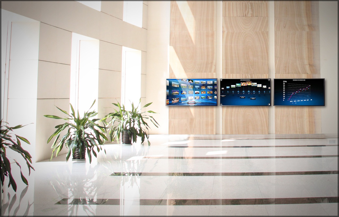 Hotel hall with visual digital screens